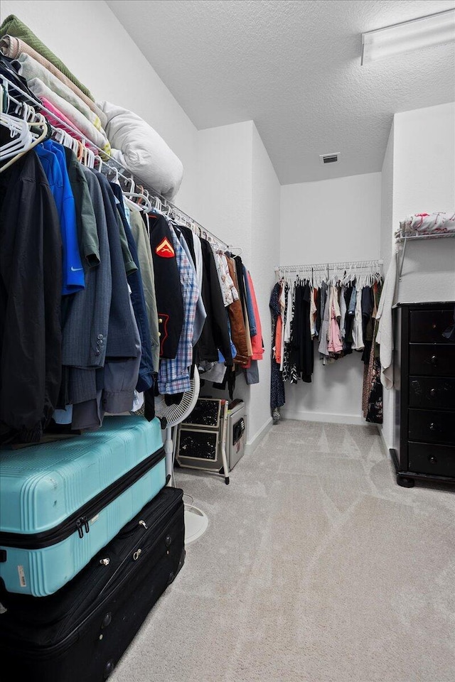 walk in closet with light carpet