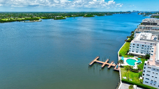 bird's eye view with a water view