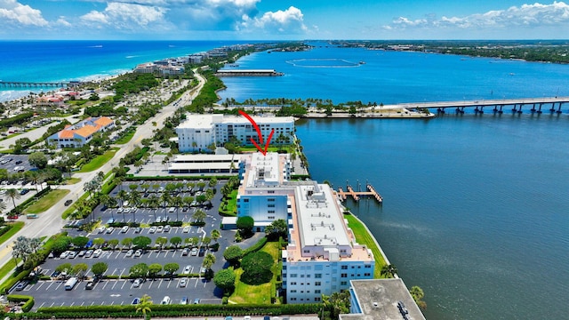 aerial view featuring a water view