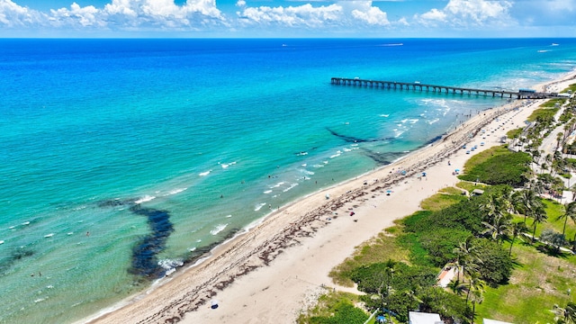 aerial view with a water view and a view of the beach