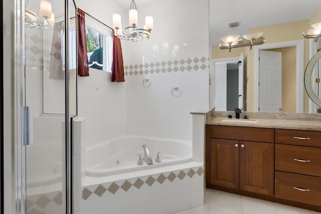 921 Osceola Dr Unit 11, Boca Raton, FL 33432 - bathroom featuring a tub with jets, an inviting chandelier, vanity, visible vents, and a stall shower