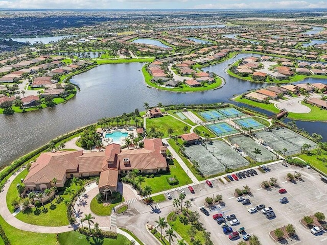 aerial view featuring a water view