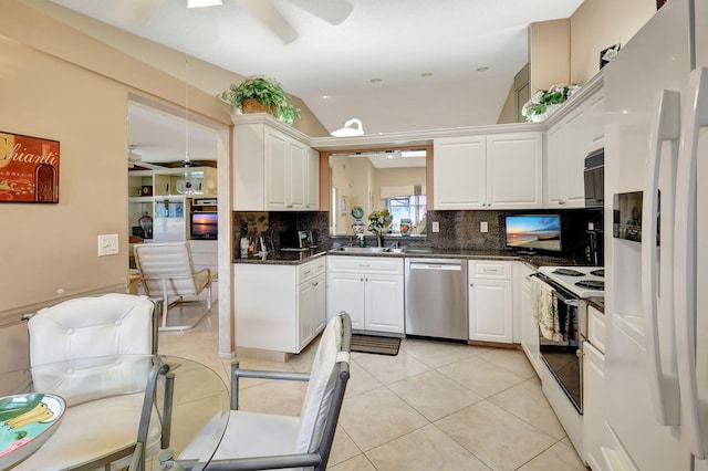 kitchen featuring ceiling fan, white appliances, light tile patterned floors, and white cabinets