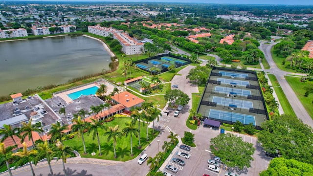 aerial view featuring a water view