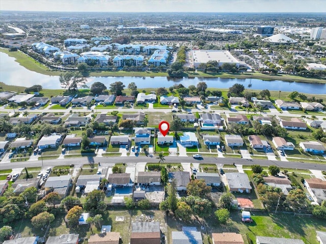 drone / aerial view featuring a water view