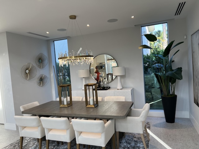 dining area featuring recessed lighting, visible vents, baseboards, and speckled floor