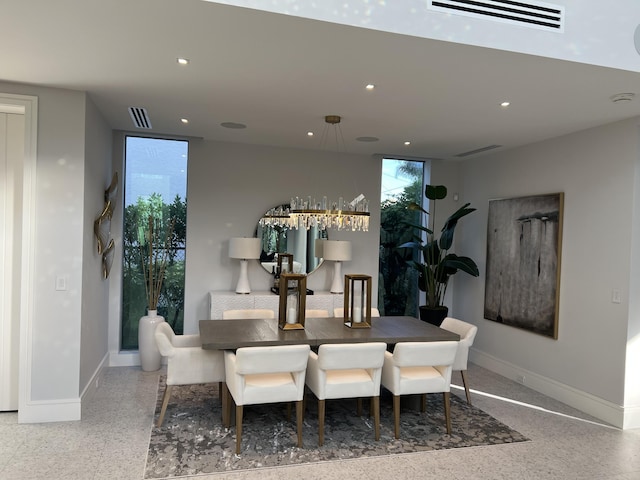 dining space featuring visible vents, baseboards, and recessed lighting