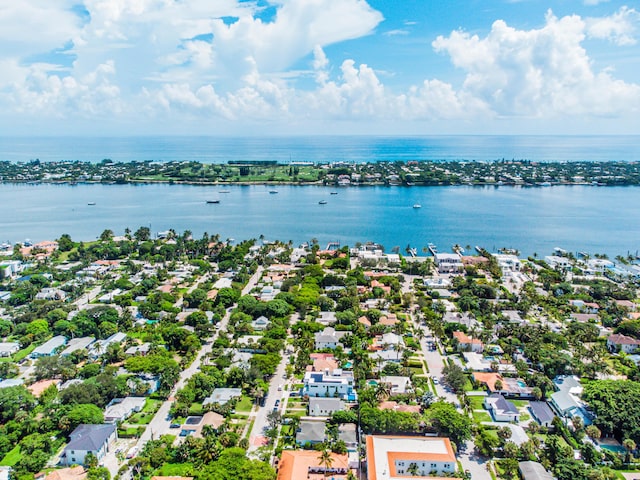 drone / aerial view with a water view