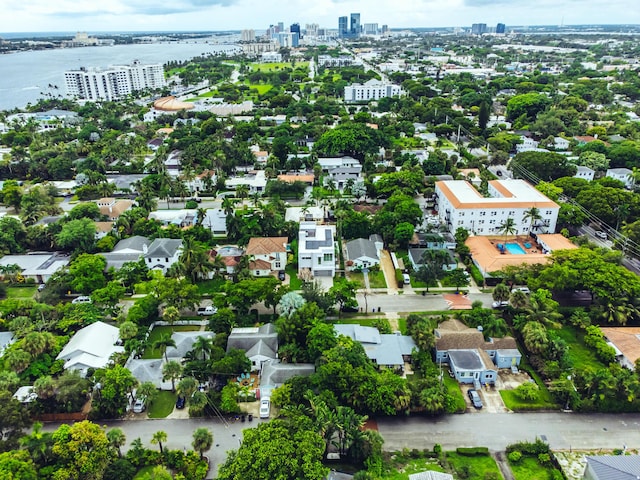 bird's eye view with a view of city and a water view