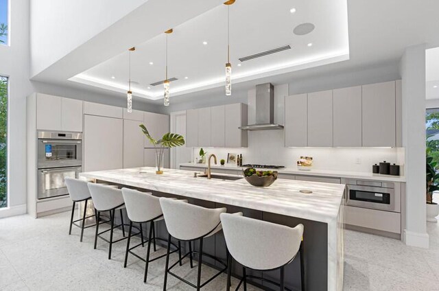 260 31st St, West Palm Beach, FL 33407 - kitchen featuring a tray ceiling, wall chimney exhaust hood, appliances with stainless steel finishes, a sink, and a large island