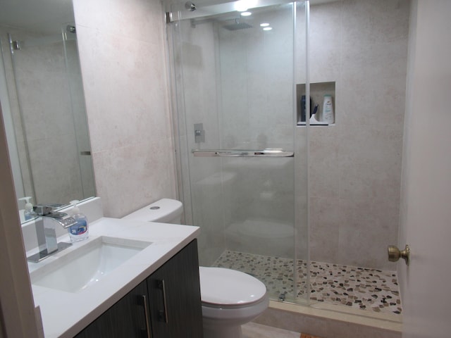 bathroom featuring vanity, toilet, and walk in shower