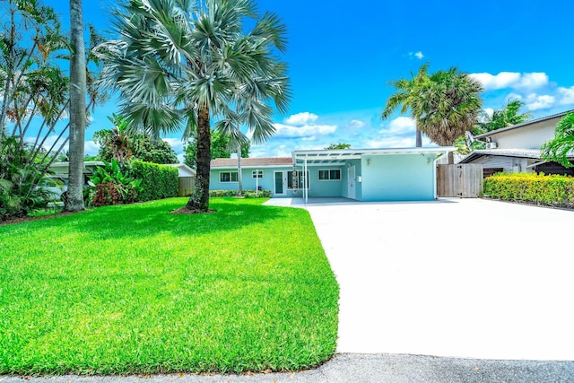 ranch-style home with a front yard and a carport