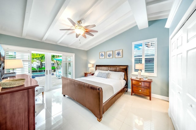 tiled bedroom featuring french doors, a closet, access to outside, lofted ceiling with beams, and ceiling fan