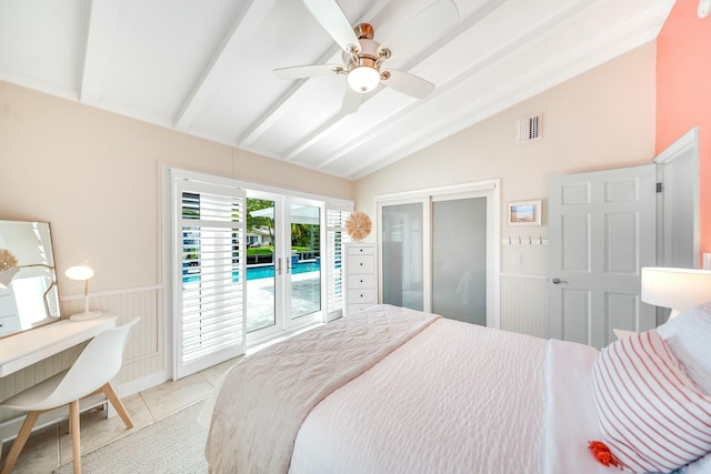 tiled bedroom with french doors, vaulted ceiling with beams, a closet, access to outside, and ceiling fan