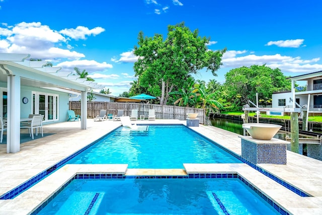 view of swimming pool featuring a water view, a pergola, and a patio area