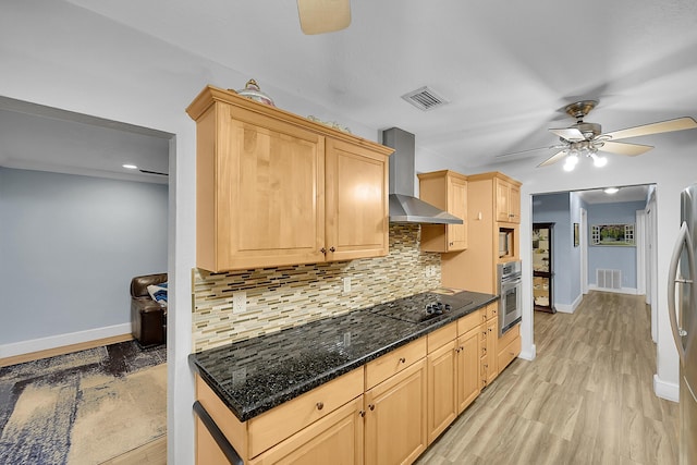 602 SE 6th Ave, Deerfield Beach, FL 33441 - kitchen featuring light brown cabinetry, tasteful backsplash, stainless steel appliances, and wall chimney exhaust hood