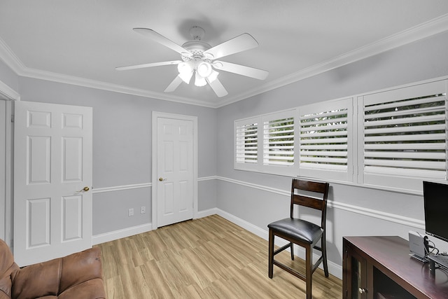 602 SE 6th Ave, Deerfield Beach, FL 33441 - home office with ornamental molding, light hardwood / wood-style floors, and ceiling fan
