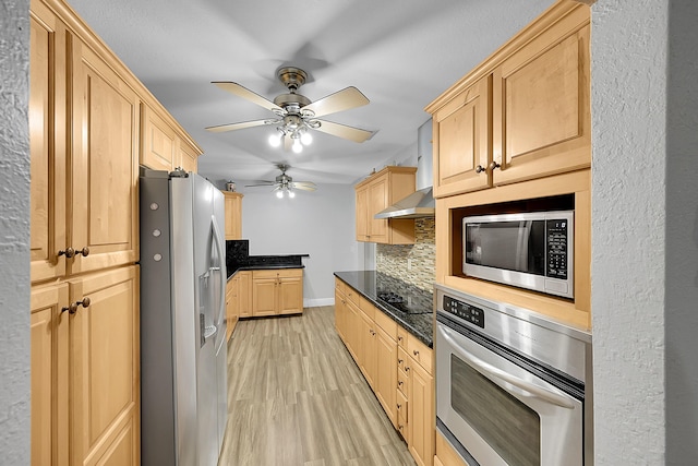 602 SE 6th Ave, Deerfield Beach, FL 33441 - kitchen featuring backsplash, light hardwood / wood-style flooring, light brown cabinets, and appliances with stainless steel finishes