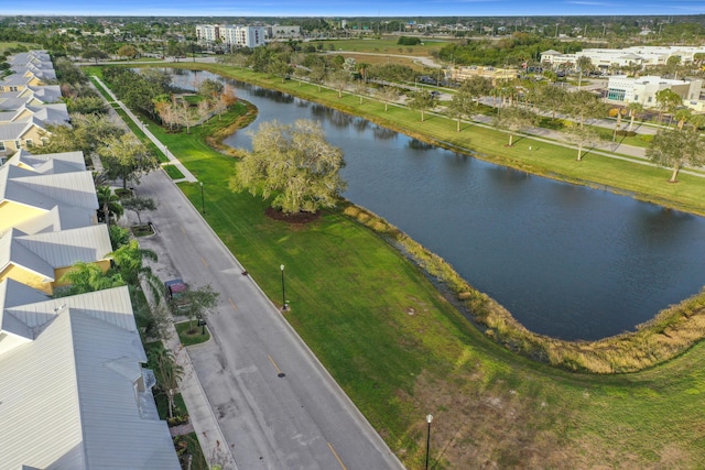 drone / aerial view featuring a water view