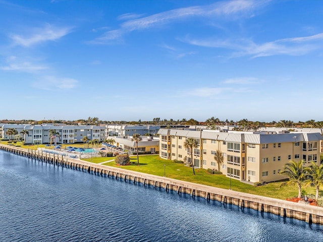 drone / aerial view with a water view