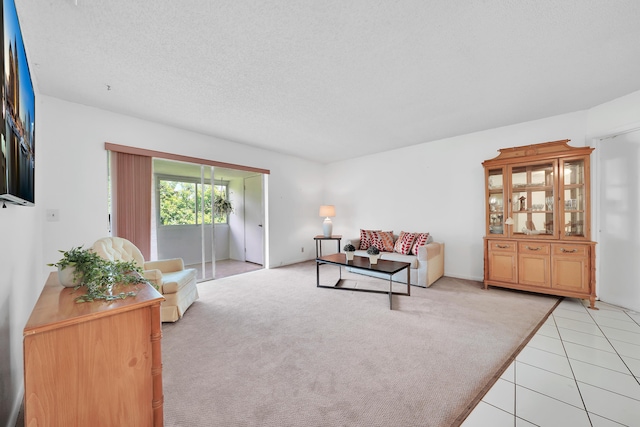 carpeted living room featuring a textured ceiling