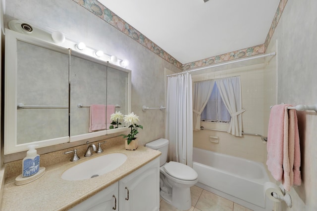 full bathroom featuring shower / bath combination with curtain, tile patterned floors, vanity, and toilet