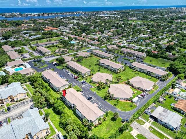 bird's eye view with a water view