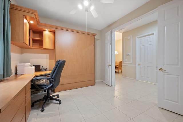 office area featuring light tile patterned floors and ceiling fan