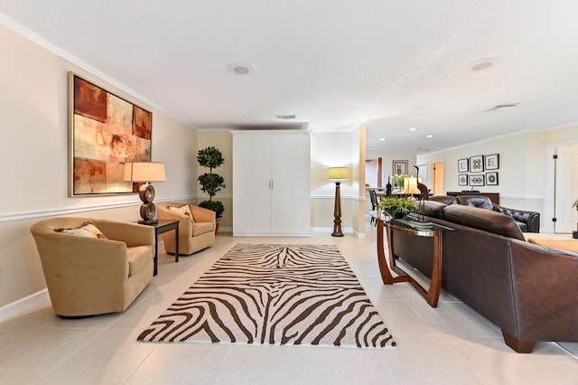 tiled living room with crown molding