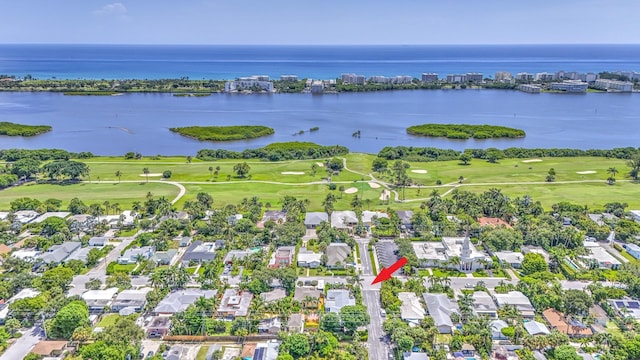 aerial view featuring a water view