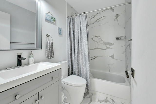 full bathroom with toilet, vanity, and shower / tub combo with curtain