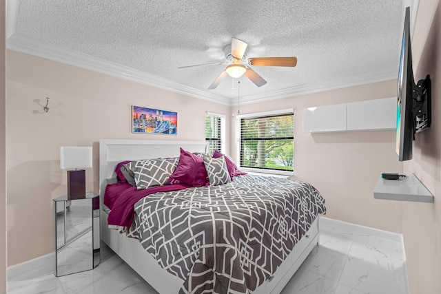 bedroom with ceiling fan, ornamental molding, and a textured ceiling