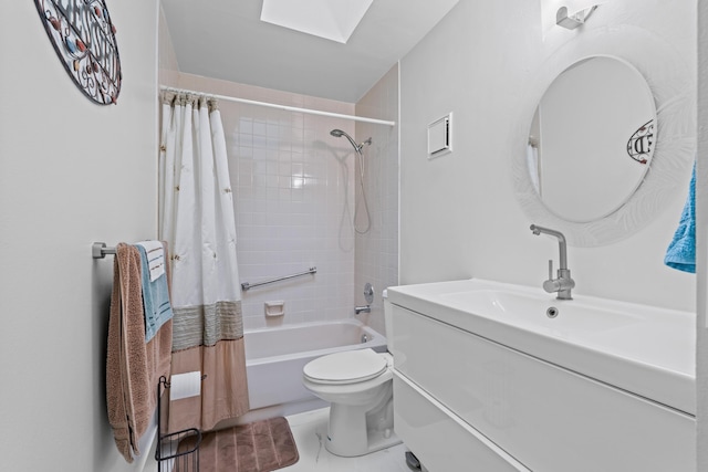 full bathroom with toilet, vanity, a skylight, and shower / tub combo with curtain