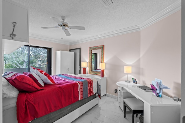 bedroom with a textured ceiling, ceiling fan, and ornamental molding