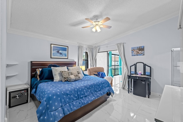 bedroom with ceiling fan, access to exterior, a textured ceiling, and crown molding