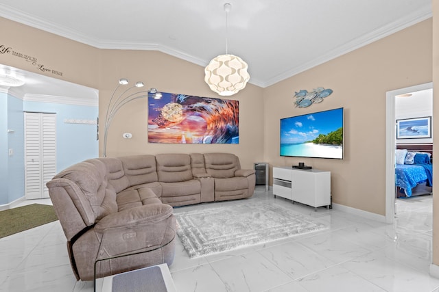 living room featuring crown molding and lofted ceiling