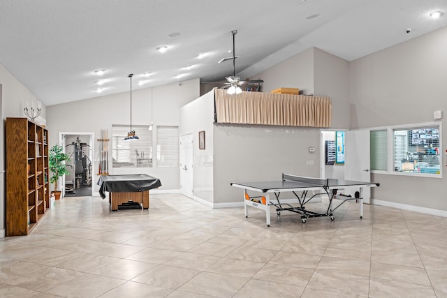 recreation room featuring light tile patterned floors, pool table, high vaulted ceiling, and ceiling fan