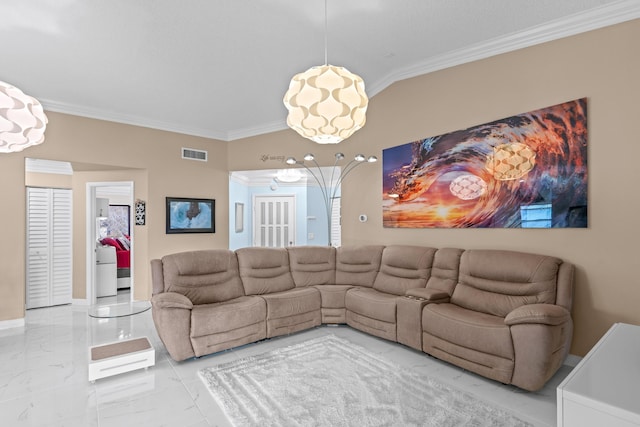 living room featuring crown molding and lofted ceiling