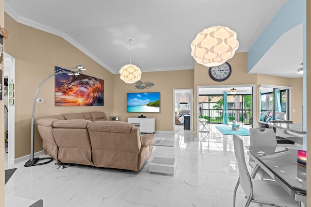 living room with ornamental molding and vaulted ceiling