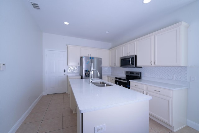 kitchen featuring a kitchen island with sink, sink, white cabinetry, and stainless steel appliances