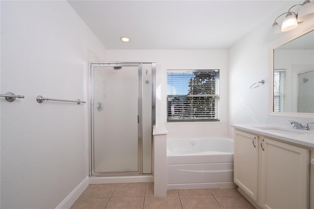 bathroom featuring vanity, separate shower and tub, and tile patterned flooring