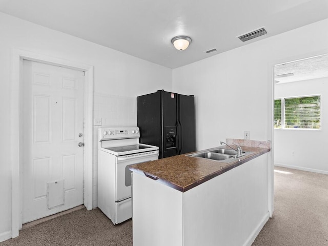 kitchen with white cabinetry, white range with electric cooktop, black fridge with ice dispenser, and sink