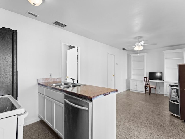 kitchen with dishwasher, sink, white cabinets, white electric range oven, and black fridge