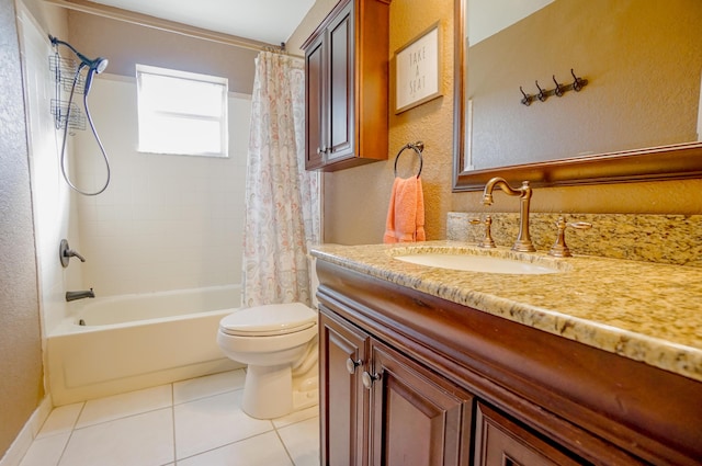 full bathroom featuring tile patterned flooring, vanity, shower / bath combination with curtain, and toilet