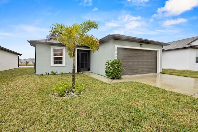 ranch-style home featuring a garage, driveway, a front lawn, and stucco siding