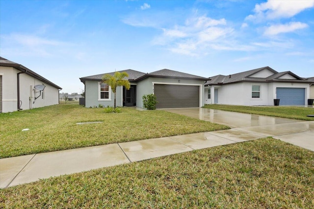 view of front facade featuring a front yard, driveway, an attached garage, and stucco siding