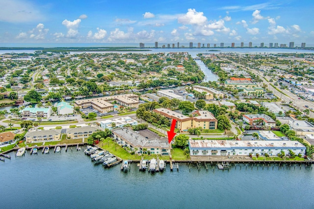 drone / aerial view featuring a water view