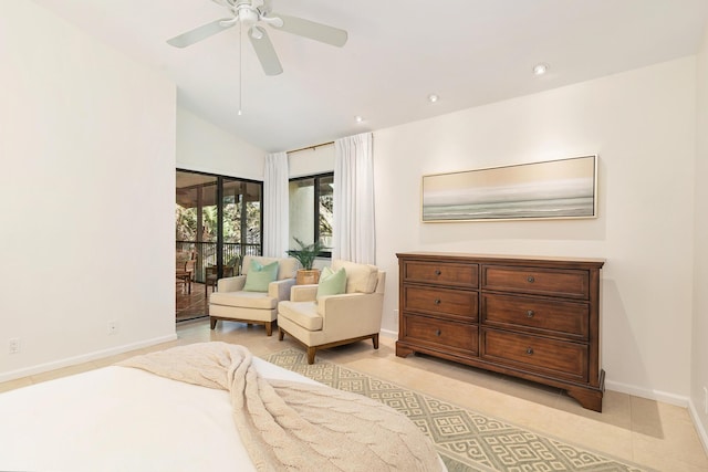 bedroom featuring ceiling fan, lofted ceiling, light tile patterned floors, and access to outside