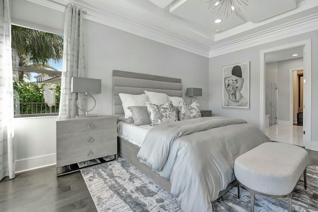 bedroom with ornamental molding and dark wood-type flooring