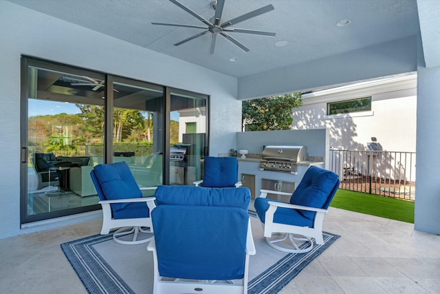 5525 Renoir Pl, Palm Beach Gardens, FL 33418 - view of patio / terrace featuring an outdoor kitchen, a ceiling fan, fence, and area for grilling